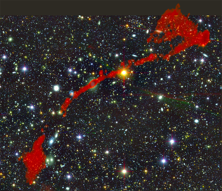 A radiogaláxia gigante MGTC J095959.63+024608.6, detetada com o radiotelescópio MeerKAT.